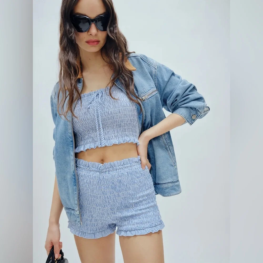 Reformation Abbie Short In Blue Check, brand new, never worn, no flaws.